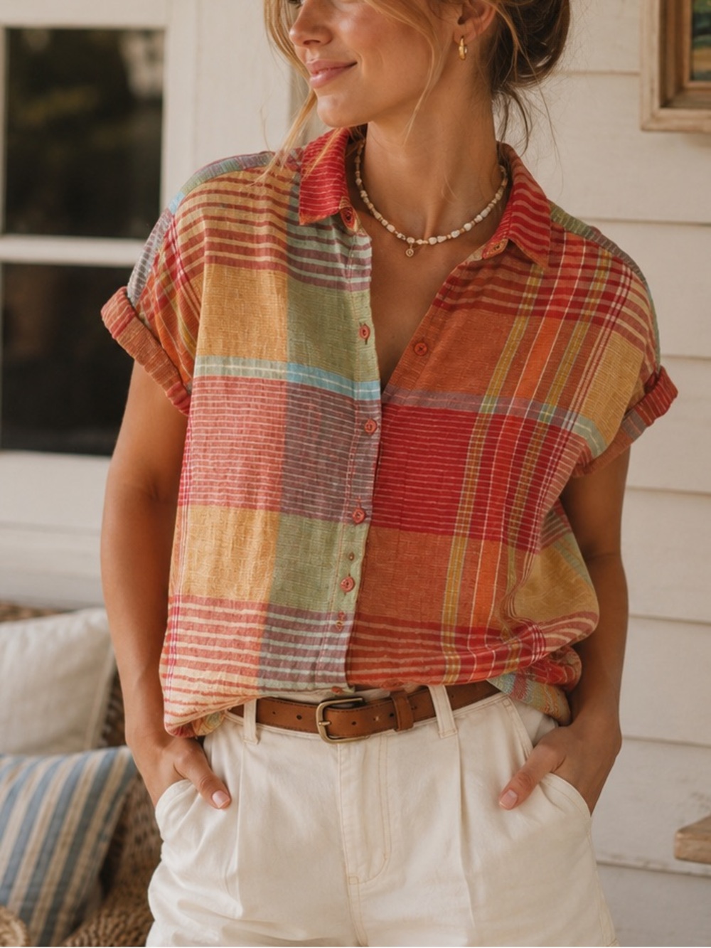 BeachLunchLounge Plaid Button Down Top Lightweight Gauze Linen Coastal Size S